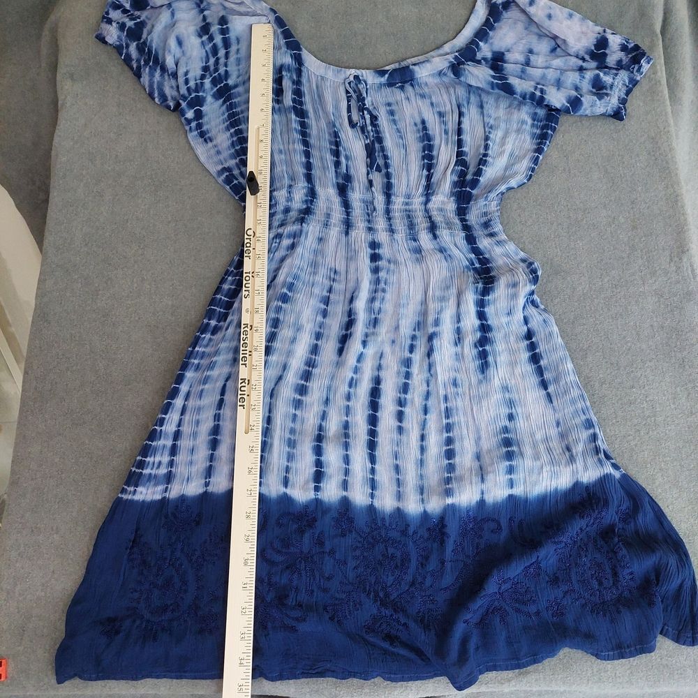 Raya Sun Boho Tie Dye Embroidered Smocked Mini Dress XL Blue White Cotton - Picture 7 of 7